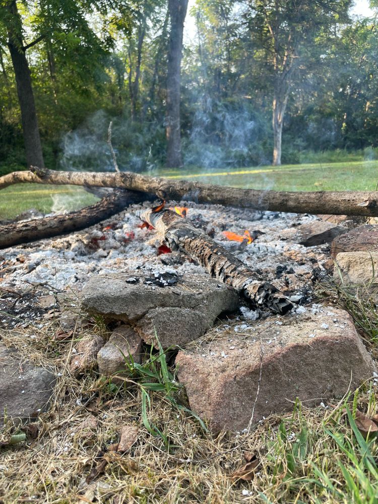 rocks of a campfire ring in the front, several small branches across gray ash/black coals/a few orange flames, smoke rising, grass and trees in the background