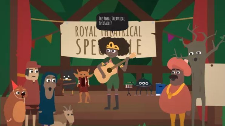 Pantallazo del juego Once Upon a Jester donde se muestran varios personajes del juego. En el centro, hay una princesa con una guitarra sobre un escenario diciendo "the royal theatrical spectacle!", misma línea de texto que aparece en una pancarta tras ella. Bajo el escenario, a ambos lados, el resto de personajes de la escena la miran con expresiones de sorpresa.