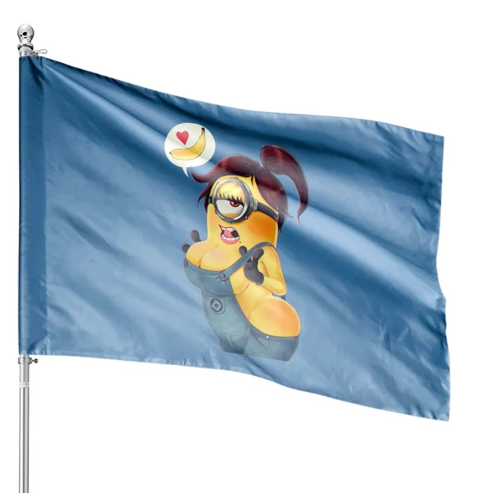 A blue flag on a flag pole, featuring a busty woman minion from the Despicable Me franchise.