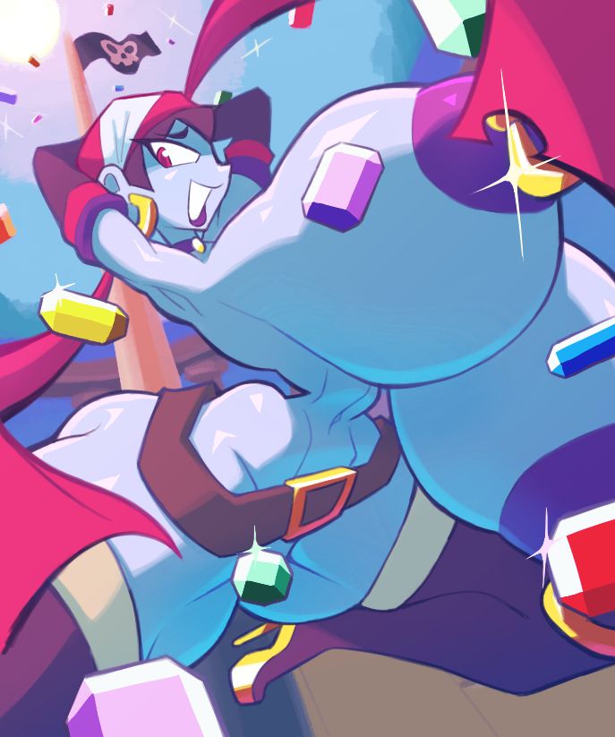 Risky Boots from the Shantae series pole dancing around her ship's flagpole with glistening gems raining down on her as she performs. Her proportions are hyper exaggerated to a sexy hourglass figure. Her hyper tits sway to the right as her golden doorknocker piercings adorning her large nipples and areolae shine in the sunlight. Her large hyper ass grinds up against her flagpole. She's wearing nothing but her red and white bandana (which its loose fabric conveniently covers up one of her nipples), her belt, a modified version of her cuffs that go up to her arms, a pair of thigh highs, and a pair of golden stilettos. The gems raining down on her cover her other nipple and her pussy conveniently.