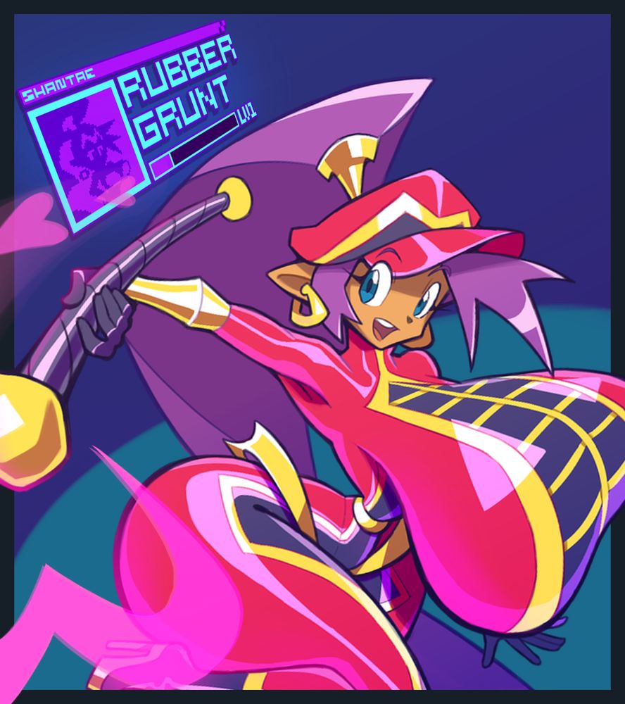 "SHANTAE - RUBBER GRUNT: LV1"
Shantae from her titular series in a skintight rubber marching band outfit that molds around her form perfectly. She's depicted with colossal hyper tits and an enormous hyper ass to boot. Her baton is tipped with a pink, magical, heart-shaped aura that shoots off into smaller hearts.