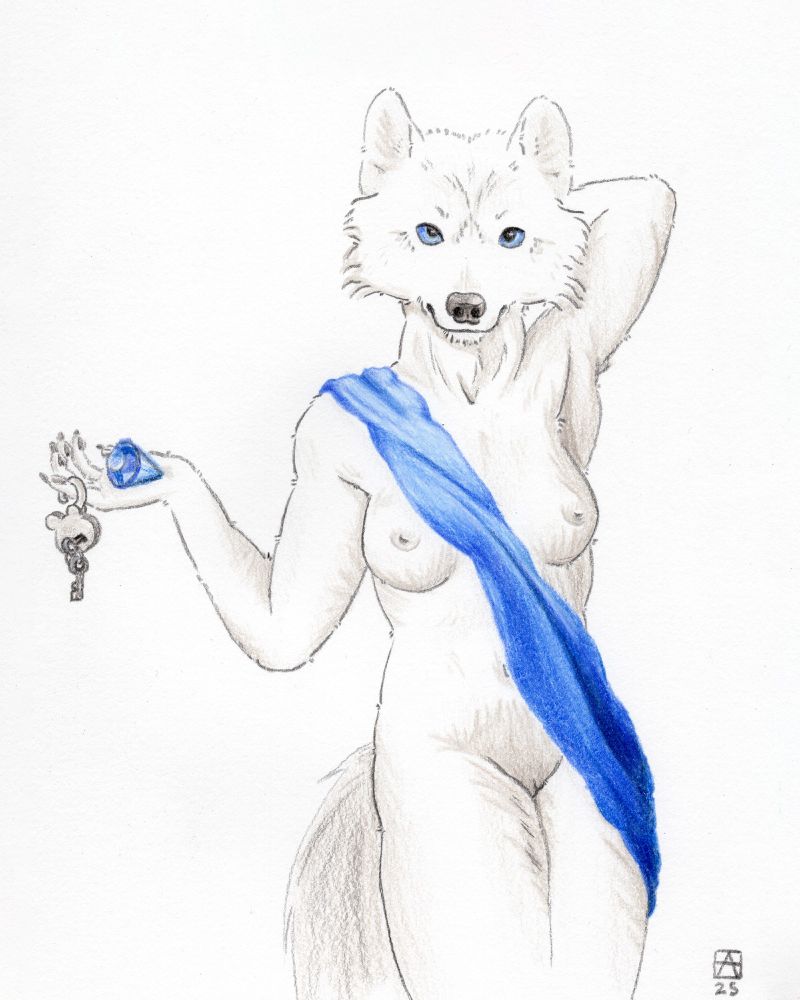 Adult, female anthro wolf with blue eyes in a monochrome blue drawing wearing a blue sash, holding a large, blue gem in her right hand, a open lock with the key still inside hangs off her little finger.