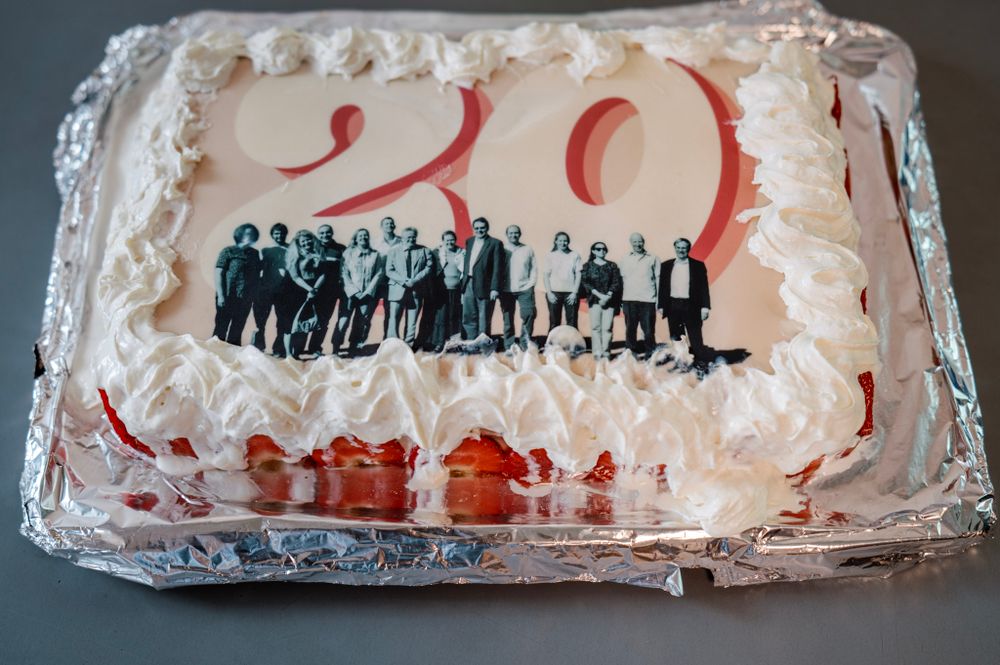 a cake with the number 20 on it and a picture of people along the border