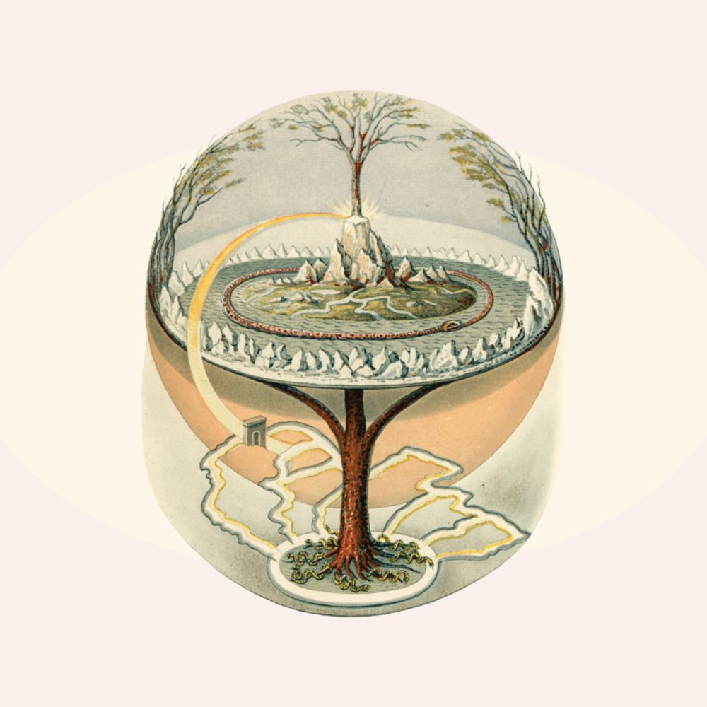 peach coloured background with a drawing of a tree in a sphere depicted