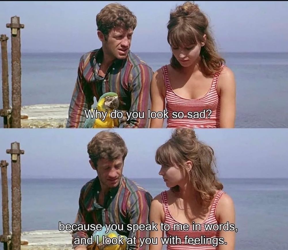 Cena do filme: Demônio das 11 horas (Pierrot le Fou)

Vê-se o casal principal, Ferdinand e Marianne, em uma praia, em close. Ele usa uma camisa de listras verticais escuras e ela uma camiseta sem mangas de listras horizontais vermelhas e brancas.

Ele questiona: Por que você parece tão triste?

Ela responde: Porque você fala comigo com palavras, e eu o vejo com sentimentos.