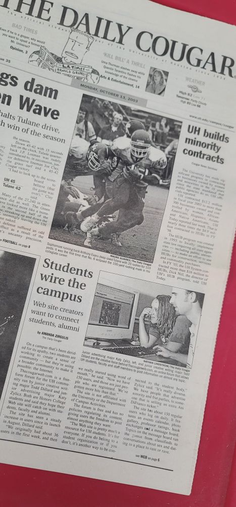 Part of the front page of college newspaper The Daily Cougar from October 13, 2003.