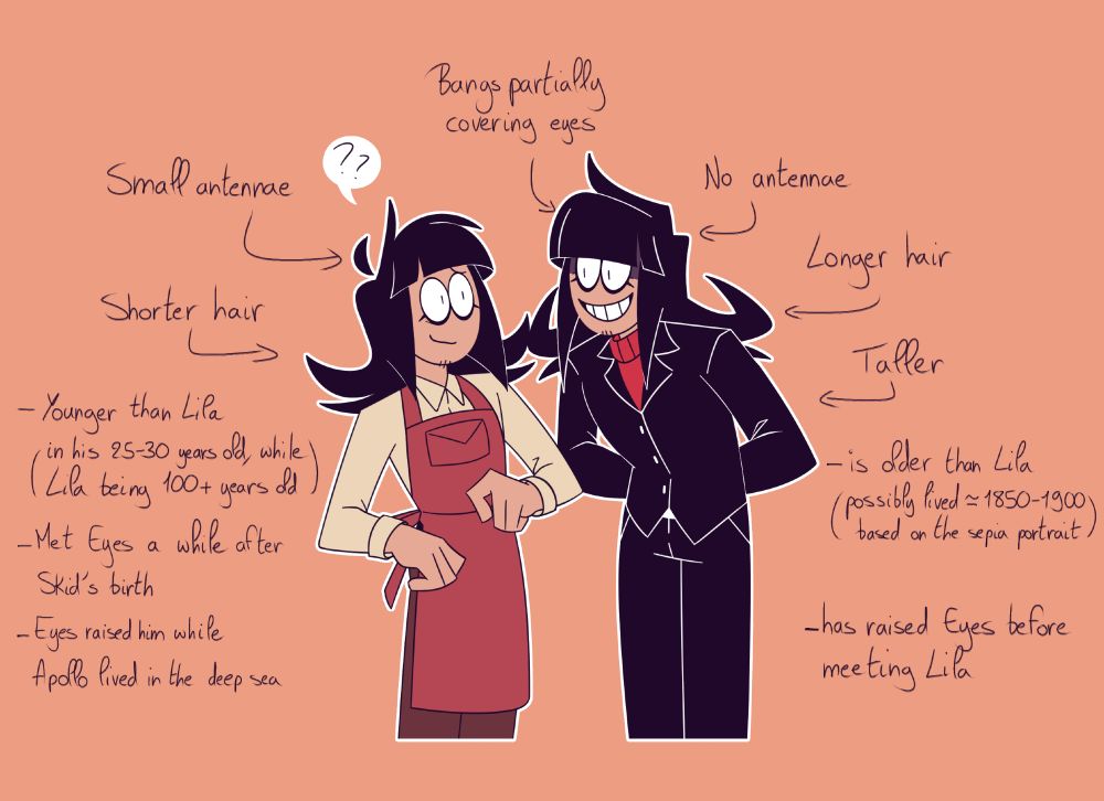Text from the pic here !!

Sea World Apollo (name i gave for him btw):
- Small antennae
- Shorter hair
- Younger than Lila (in his 25-30 years old, while Lila being 100+ years old)
- Met Eyes a while after Skid's birth
- Eyes raised him while Apollo lived in the deep sea


Spooky Month Apollo:
- Bangs partially covering eyes
- No antennae
- Longer hair
- Taller
- Is older than Lila (possibly lived around the 1850-1900, based on the sepia portrait)
- Has raised Eyes before meeting Lila