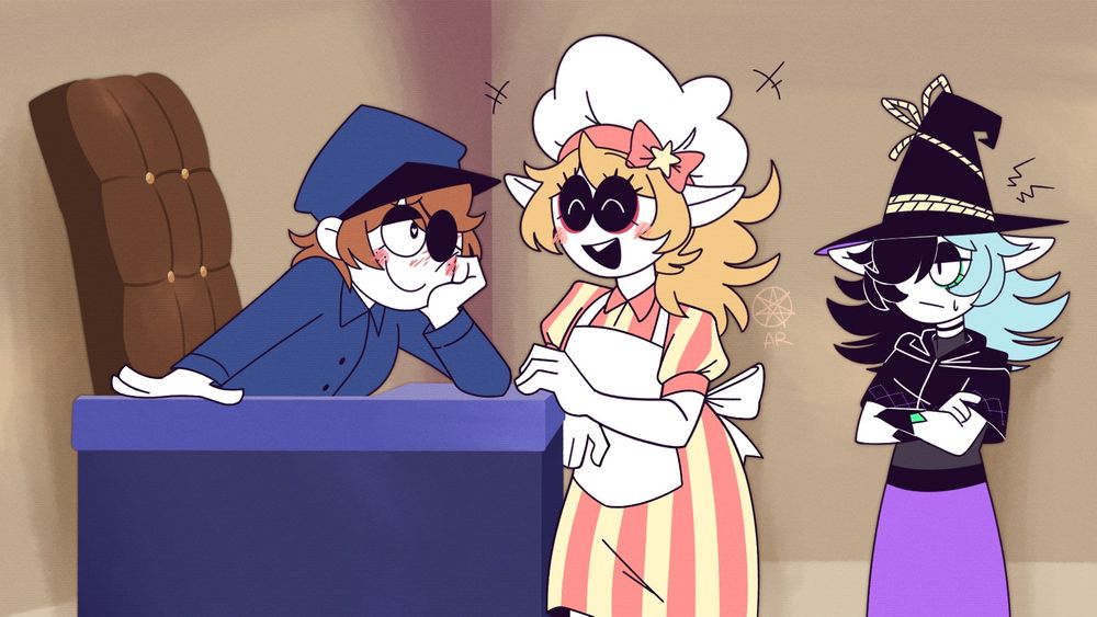 Tree characters standing, Shotgun man on the left, Maelys and Rosa (OCs) on the right. Shotgun is listening to May (Maelys) while looking at her, smiling and blushing, May talking stuff about her interests.

Rosa is waiting behind her sister, upset by the long talk, hoping she could soon report her testimony.