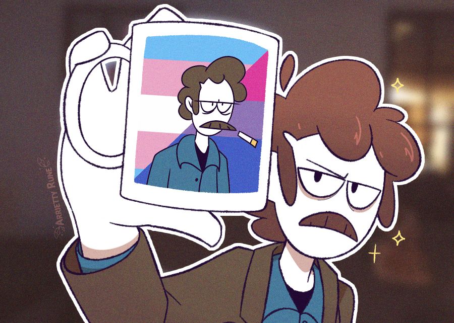 Meme redraw of a guy holding his mug, which was a picture of him and the transgender flag background behind him. This edit has John, mug showing also a pic of him, with behind the transgender flag and the bisexual flag.