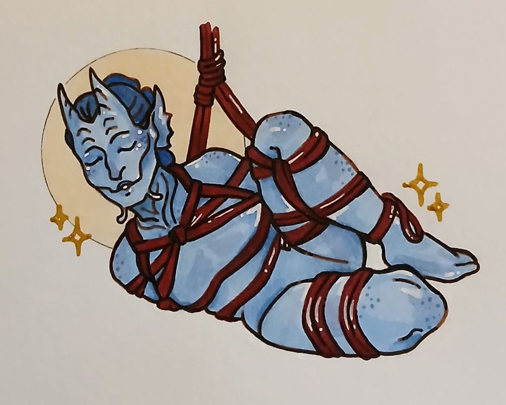 A colored illustration depicts a blue skinned person with small horns and frilled ears. They're tied up with deep red colored rope, arms behind their back, and legs bent. Her hair is a darker shade of blue than her skin and has been pulled back from their face. A pale yellow circle floats behind her head, and two pairs of four pointed stars sit next to their form.