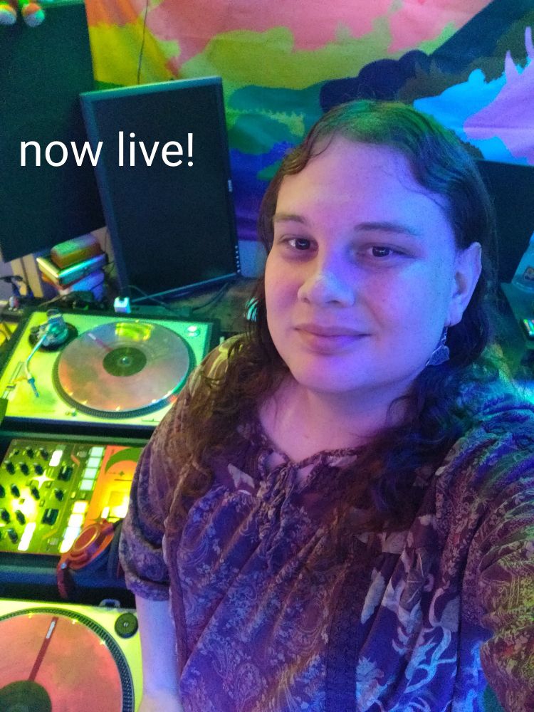 Sierra in the dj studio with text saying "now live!" 
