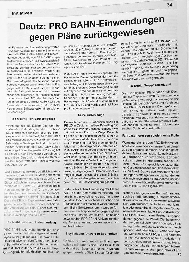Ausschnitt nachrichtenblatt 3/4 25 von PRO BAHN Rheinland et.al.
Thema: Deutz: PRO BAHN-Einwendeungen gegen Pläne zurückgewiesen.