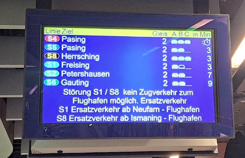 Anzeige München Isartor. 3 Züge sollen in 3 Minuten auf demselben Gleis abfahren.