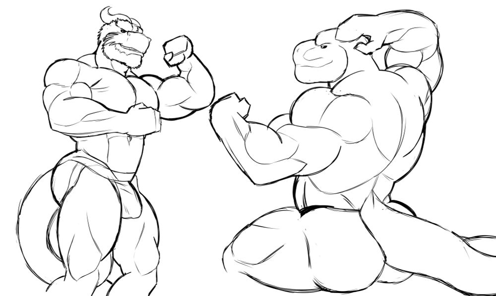 Drawing of two scalie buds flexing after a workout