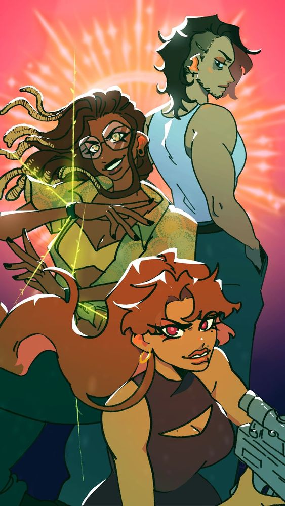A webtoon vertical thumbnail of three characters in a vaguely pink and green color scheme. Characters Cybele, Ellis and Riley in order of front to back