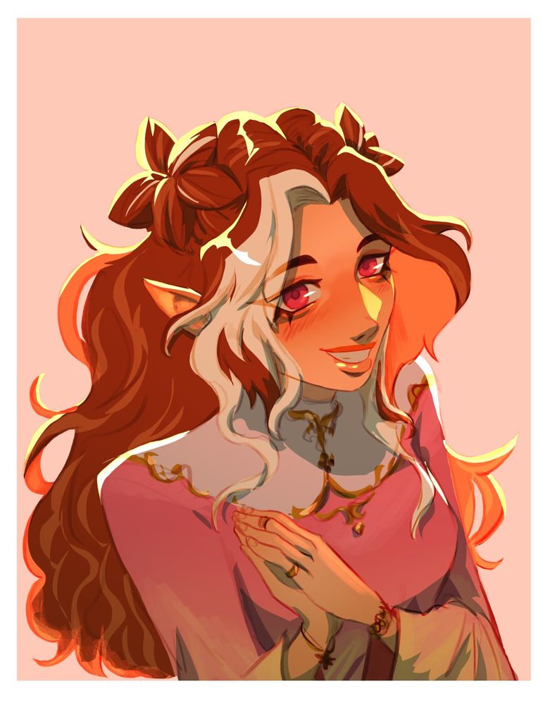 Bust colored sketch commission of an elf girl in warm colors smilinbtightly at the camera, long wavy brown and white hair, pink dress and pink eyes