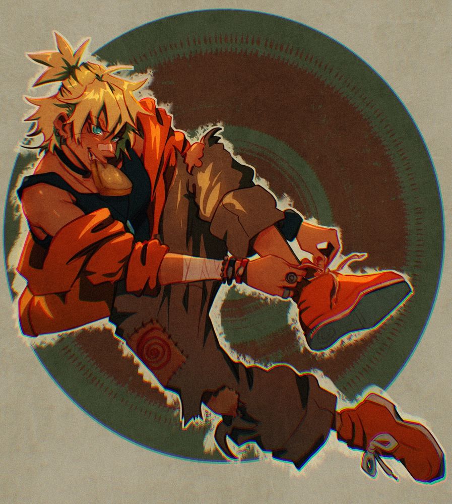 colored illustration of Naruto tying his sneakers, toast held in his mouth