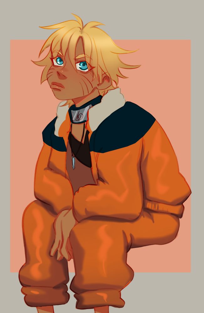 A draw of Naruto sitting down slouched forward pout-scowling