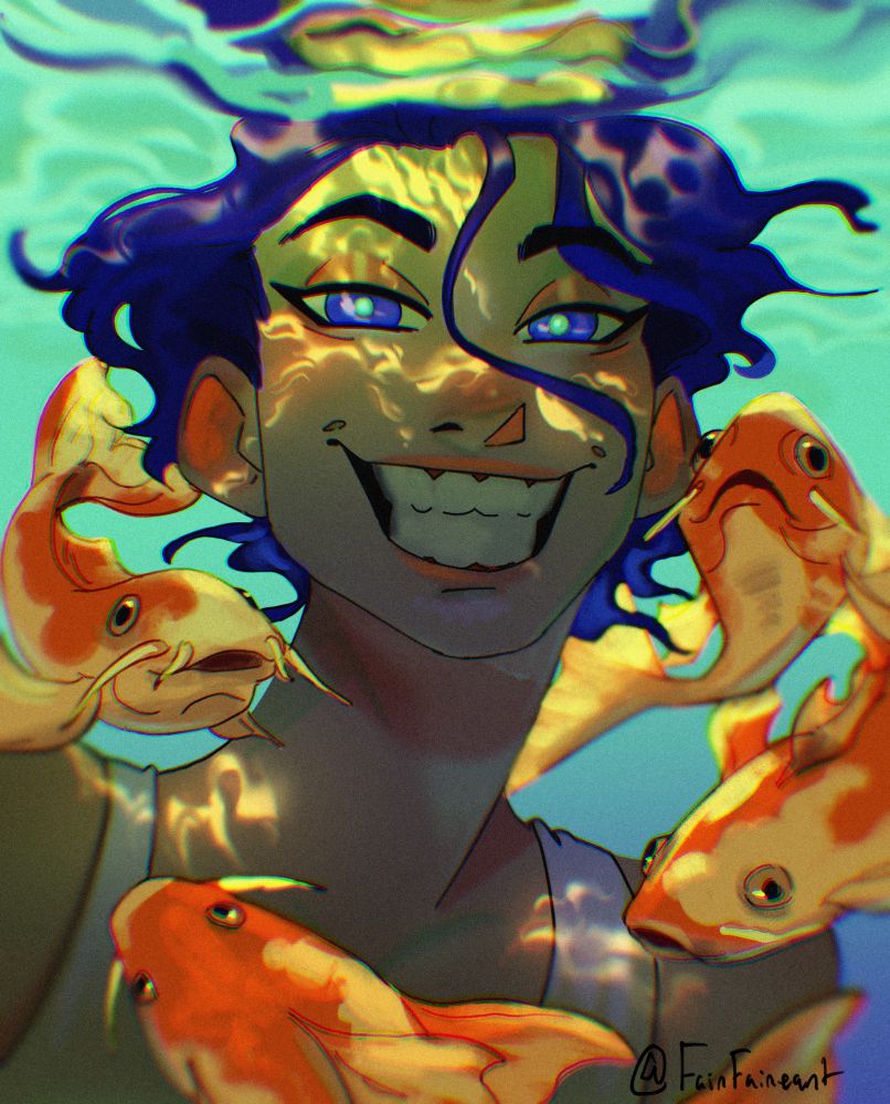 Portrait of Axel, friends oc and protag of future webcomic, grinning at the camera from underwater surrounded by koi fish, sunlight rippling through the water onto him. Drawn in the color palette koi fish, warm blues greens and oranges