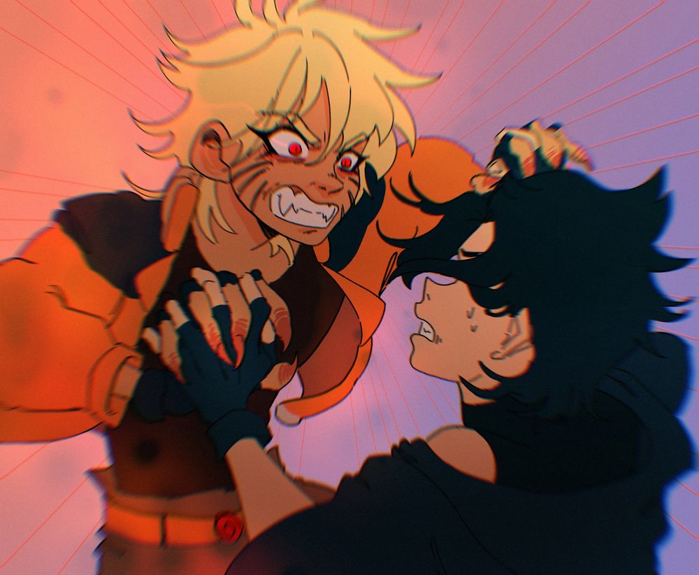 Naruto going a bit nine tails rage at a startled Sasuke, holding Naruto back by the hands