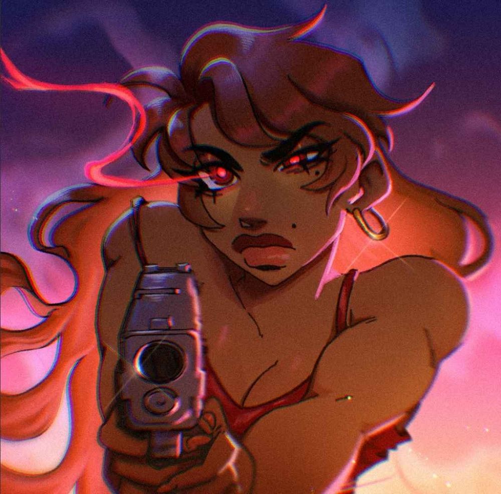 Cybele aiming a gun at the camera