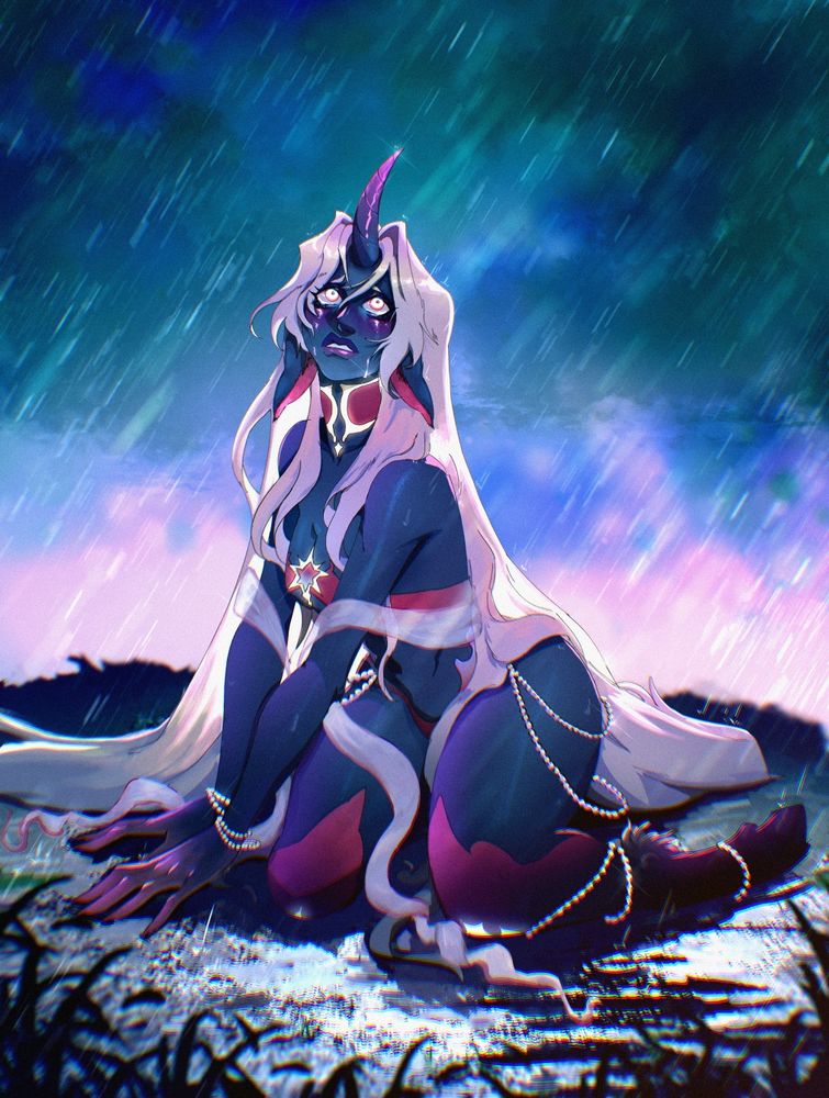 Unicorn girl with dark blue sky, white hair and glowing white eyes kneeling down looking up with tears in her eyes at the rainy sky