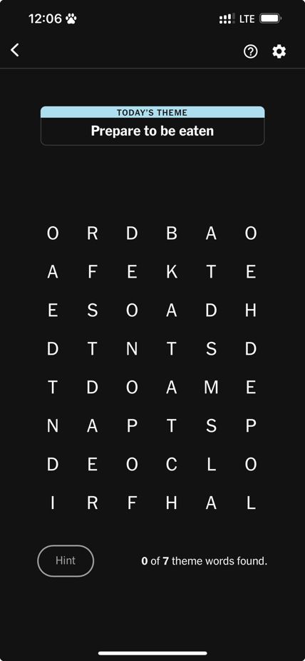 Todays New York Times' Strands puzzle with the theme "Prepare to be eaten"