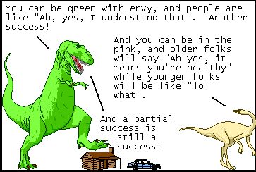 T-Rex: You can be green with envy, and people are like "Ah, yes, I understand that". Another success!
Dromiceiomimus: And you can be in the pink, and older folks will say "Ah yes, it means you're healthy" while younger folks will be like "lol what".
T-Rex: And a partial success is still a success!