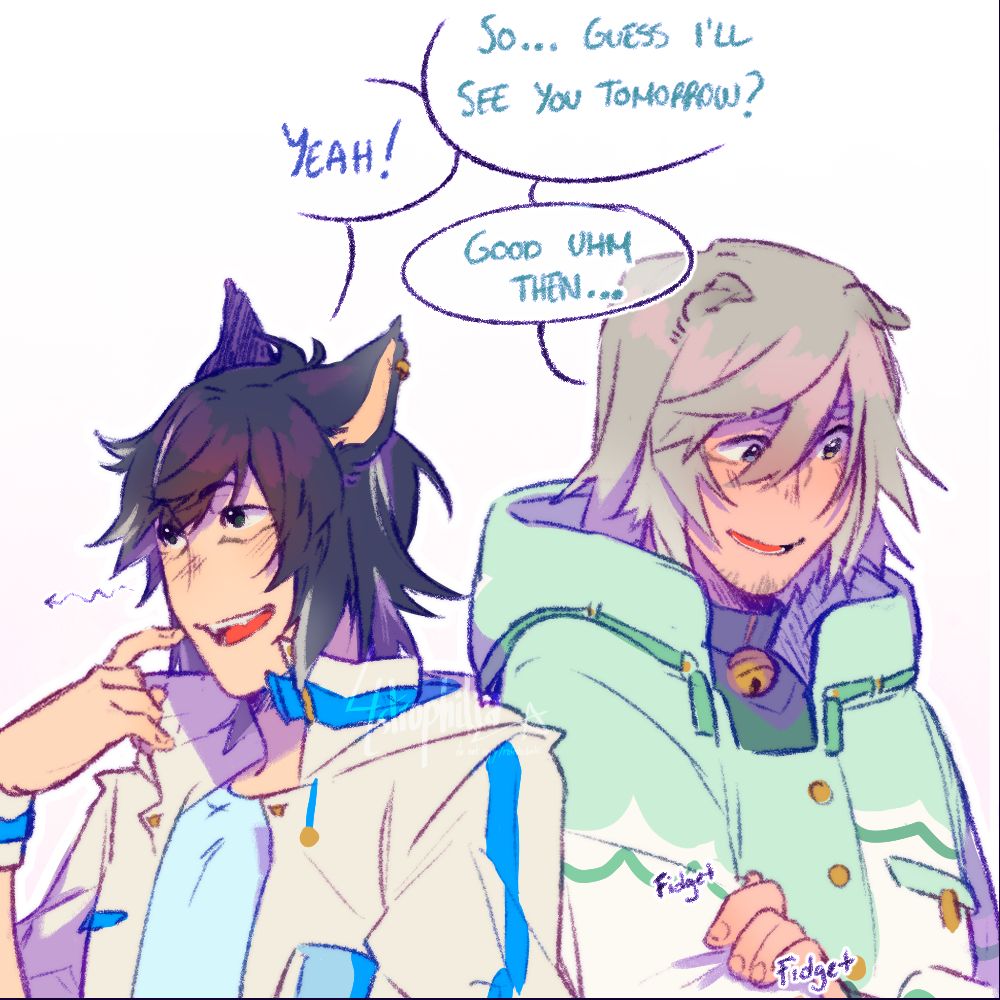 Two cat kemonomimi characters looking away from each other, the one in the right is fidgeting and asks "So... Guess I'll see you tomorrow?" to which the one in the left replies "Yeah!" while scratching his cheek and the character on the right adds "Good uhm then..."