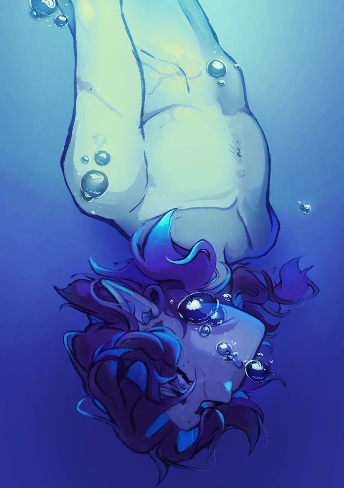 A halfbody of my OC Aster (they/them) upside down, falling deeper into water as bubbles come out from their mouth.