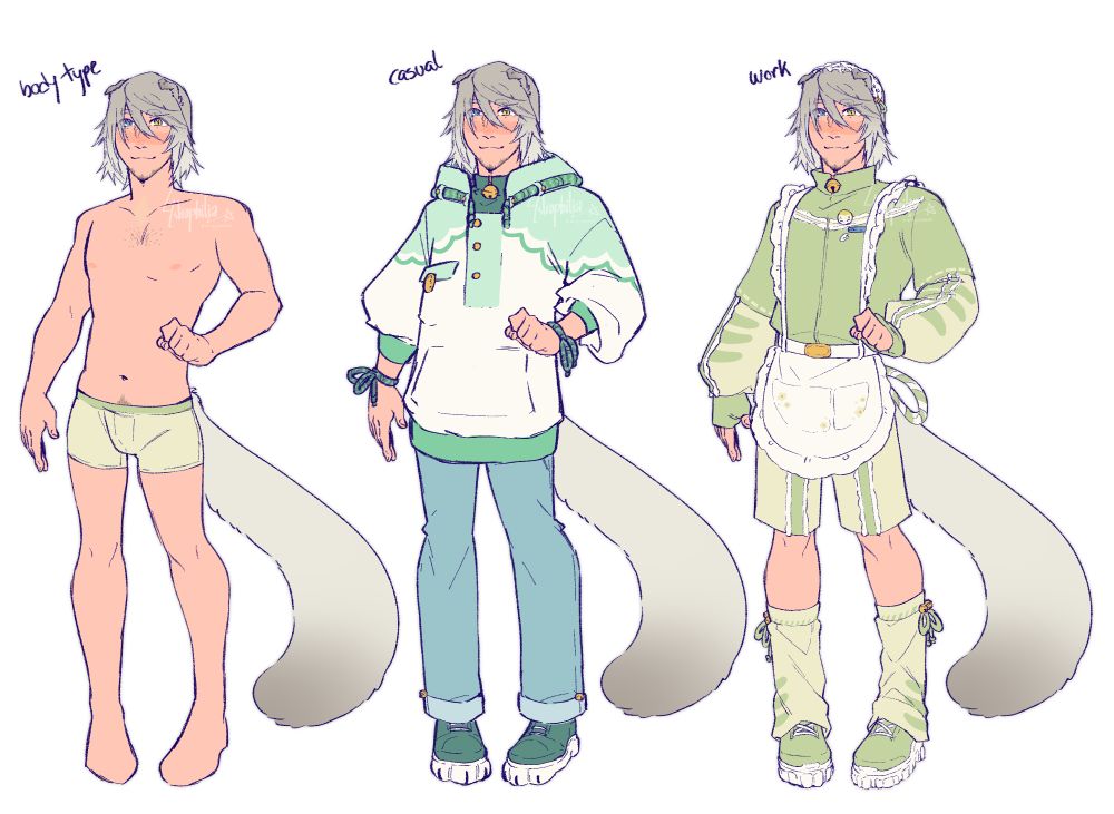 Deven (they/them), a cat kemonomimi humanoid with heterochromatic eyes and hair/fur that fades from gray to an off-white color. The first fullbody from the left shows their physique, they have an average build with some pudge on their lower stomach and light body hair as well as a goatee. The second fullbody shows a casual outfit where they wear a turtleneck with a bell attached to the collar and an oversized sweater with rope cuffs and outside the hoodie. The last is them in a tracksuit and apron, matching Seidr's.
