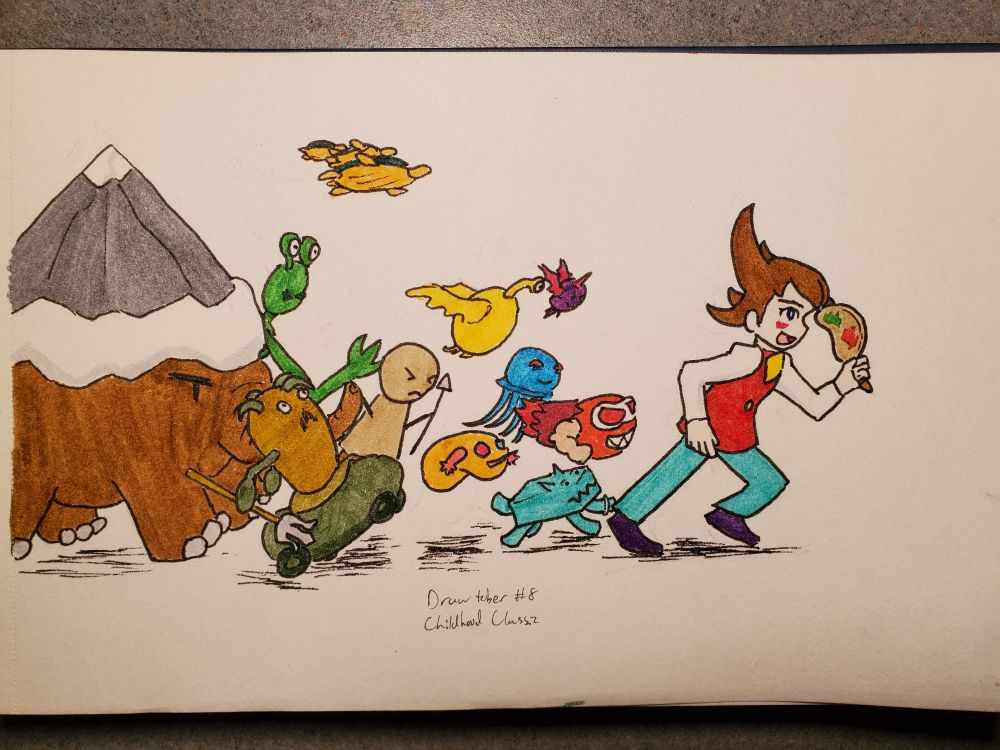Ink drawing of an assortment of characters and creatures from Graffiti Kingdom running through the frame. Prince Pixel, Pastel, funky missile, jumpin' jellyfish, devil bomb, spongy, thunderbird, pawn soldier, trider, demigray, turtles, and icy van.