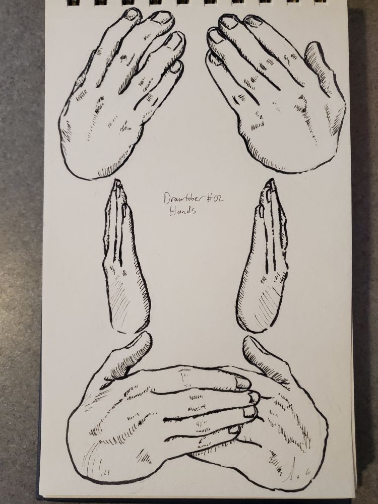 Ink drawing of three pairs of hands - see no evil, hear no evil, speak no evil.