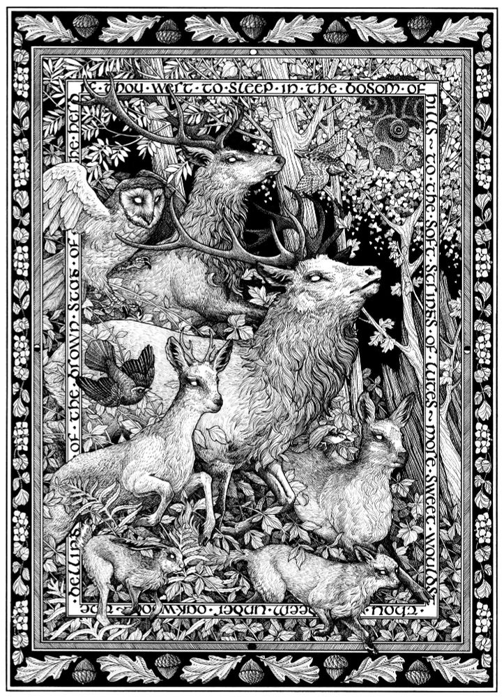 A black and white illustration in an Arts & Crafts movement style, of red deers, foxes, hares, crows, owls, and woodcock in a forest of Ash and oak. There is an outer ornate border of acorns, oak leaves, and watercress, and an inner border with a stanza from a poem that reads 'If thou wert to sleep in the bosom of hills
to the soft strings of lutes,
more sweet wouldst thou deem under the oak-wood
the belling of the brown stag of the herd.'