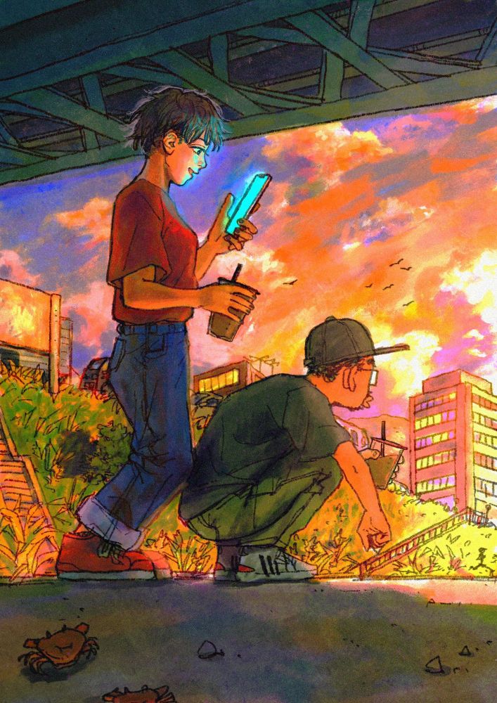 24年8月の夕暮れ空を橋の下で眺めながらひと心地