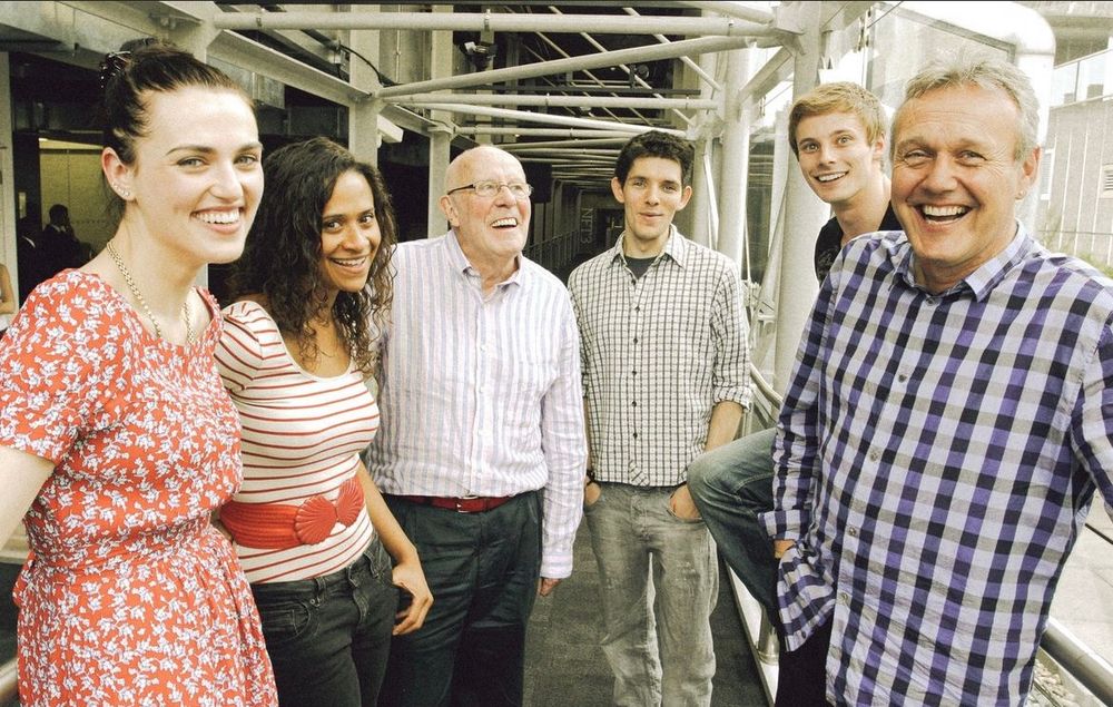 Katie McGrath with Angle Coulby, Richard Wilson, Colin Morgan, Bradley James and Anthony Head from BBC’s Merlin. 