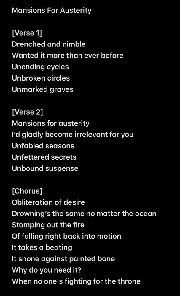 Lyrics for a song called Mansions For Austerity.