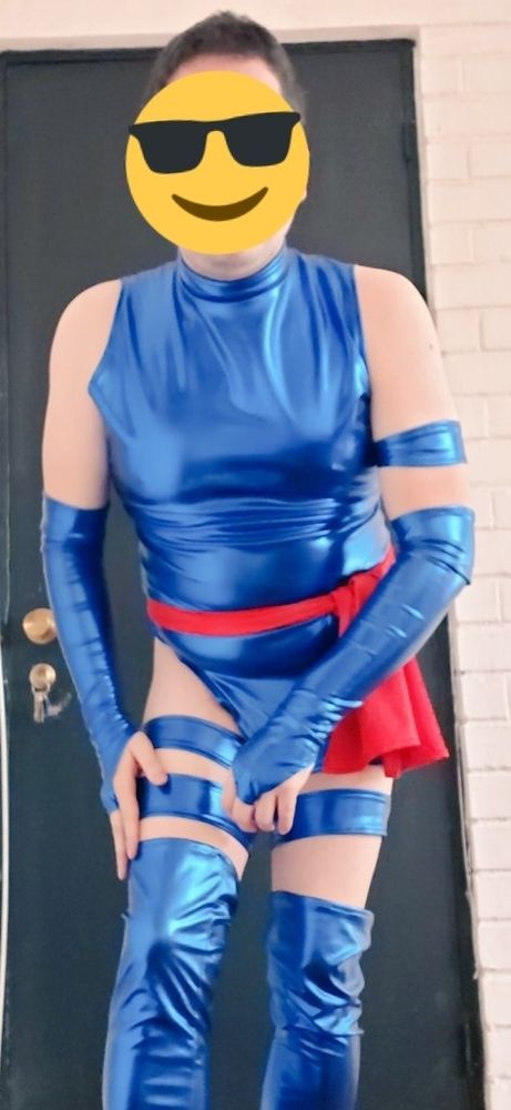 me wearing a shiny xmen's psylocke outfit