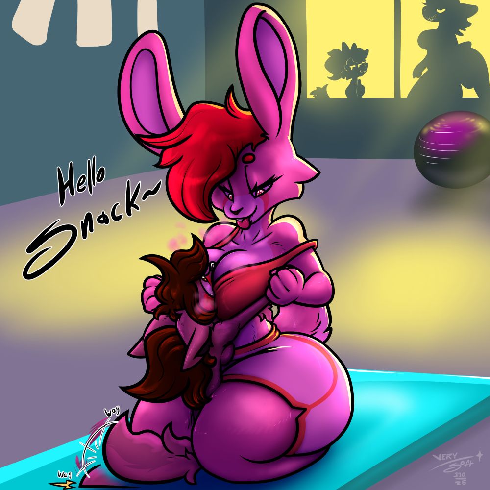 Lacey, an anthro bunny is holding the hands of Casey, an anthro woof, pulling their arms back and forcing their snoot into her cleavage. Casey is looking quite a bit smaller than Lacey is. Lacey is pinning Casey between her thighs, and is sticking her tongue out. She is saying, "Hello snack~"