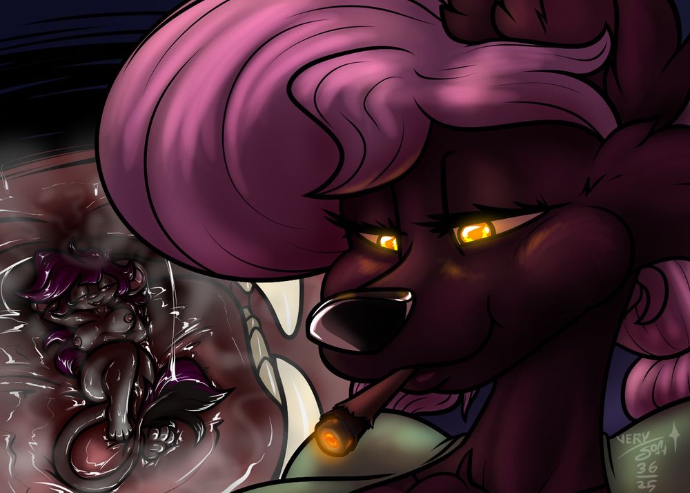 A wolf woman is smoking something. There is a cut away to the inside of her mouth, where her cute mouse girlfriend is sprawled out, naked, surrounded by smoke and drool, she looks very pleased and sultry.