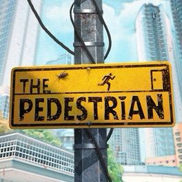 Cover of the video game ‘The Pedestrian’ showing a stick figure running on a yellow street sign. 
