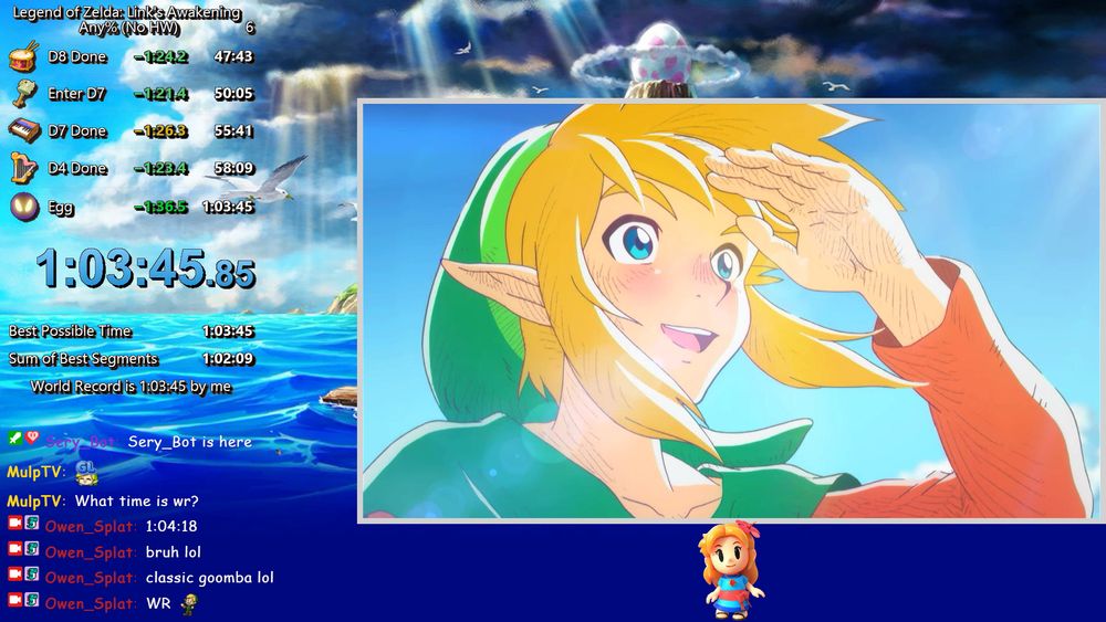 A screenshot from my stream where I did a Link's Awakening Switch Any% No HW speedrun in 1:03:45, beating the previous WR