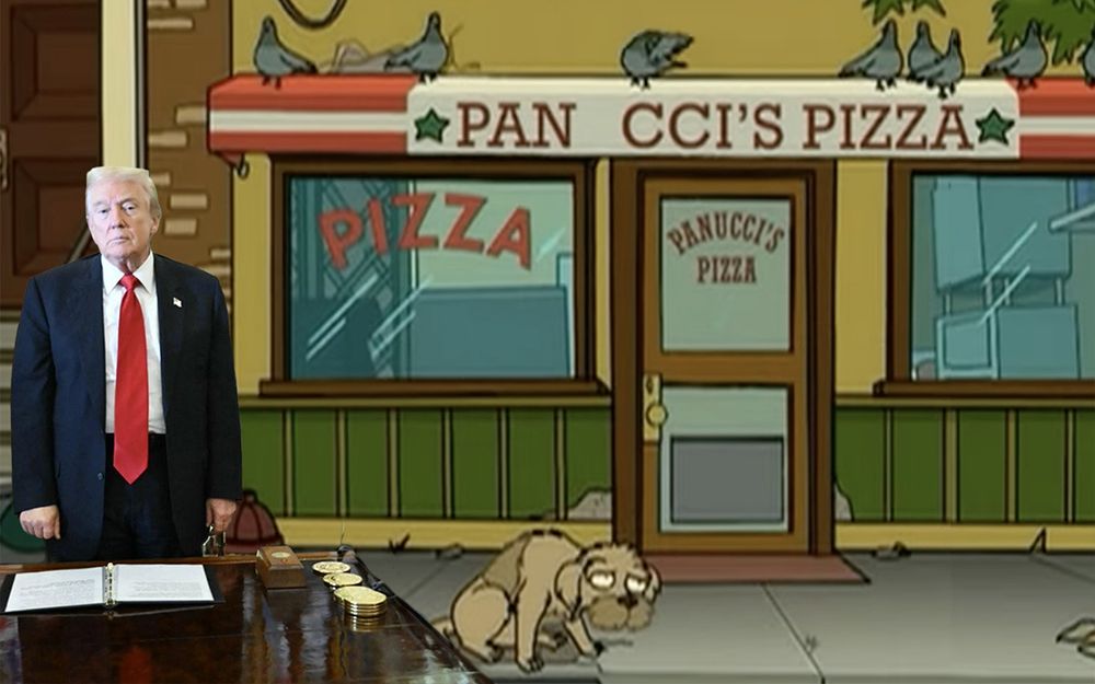 Donald Trump, standing in front of Panucci's Pizza, ignoring Philip J. Fry's poor, aging dog, Seymour.