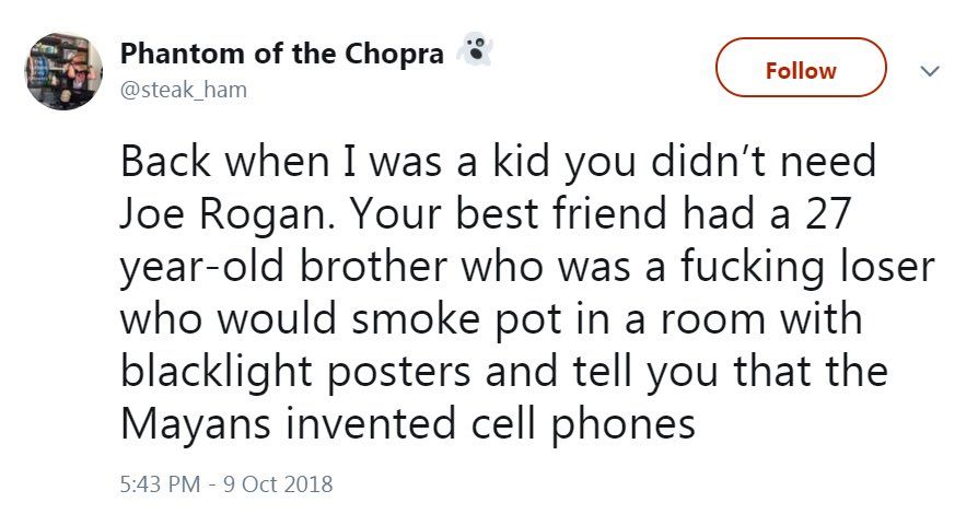 Screenshot of an old tweet: 

Back when I was a kid you didn't need Joe Rogan. Your best friend had a 27 year-old brother who was a fucking loser who would smoke pot in a room with blacklight posters and tell you that the Mayans invented cell phones