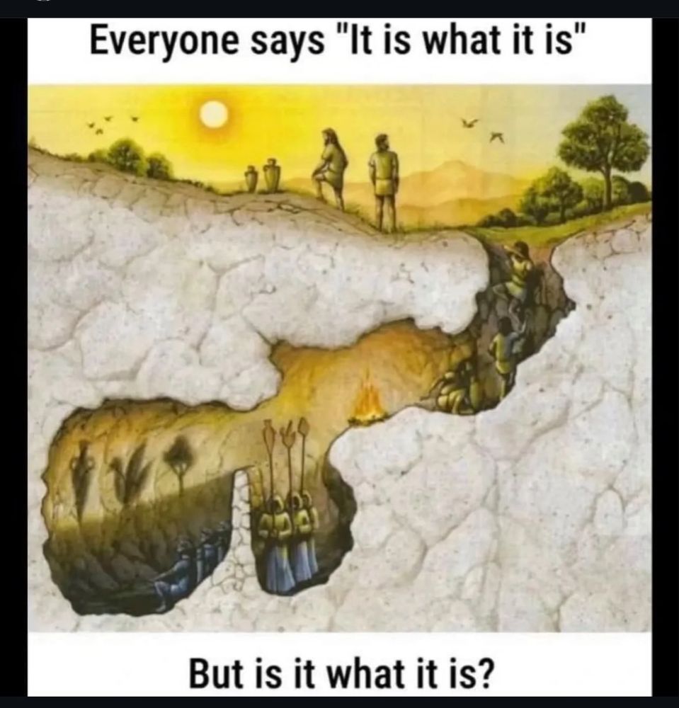Depiction of Plato’s cave allegory, but captioned “everyone says ‘it is what it is,’ but ‘is it what it is?’”