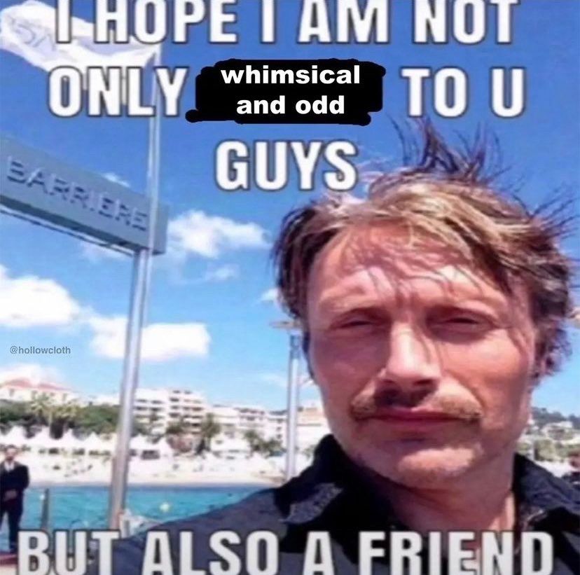 Pic of Mads Mikkelsen w/ text: I hope I am not only whimsical and odd to you guys, but also a friend