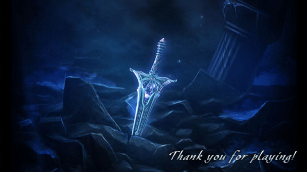 a shining sword deep undersea, among ruins. The sword used to defeat the final boss. The words "Thank you for playing" written in cursive in a corner of the image.