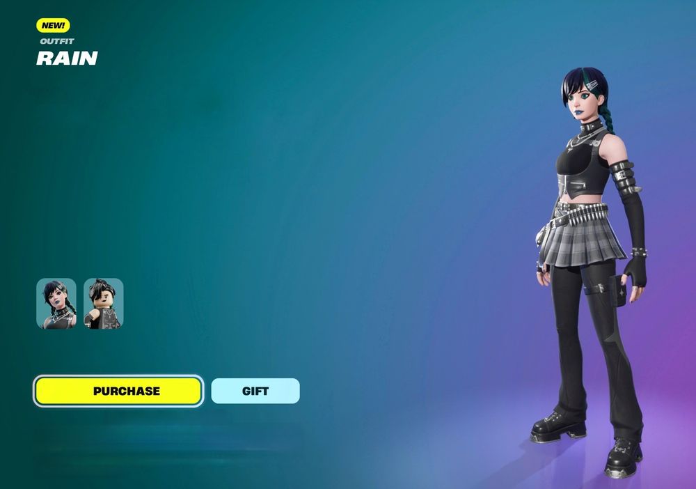 Virtual store display of a character named Rain. The character is dressed in a goth style; black hair, sideswept bangs, ponytail braid, green streak in the hair, matching green lipstick, eyeliner, black sleeveless turtleneck, black leather vest over it, collar, necklaces with pointed charms attached, fingerless sleeves from the hand to the upper arm with several straps on the upper arm to secure it, grey plaid skirt, belt in a bandolier style with silver bullets attached, black pants, black thigh pouch on left thigh, black boots with silver plates on the front toe area that are made to look like a cat's head with ears and a star and X for eyes.