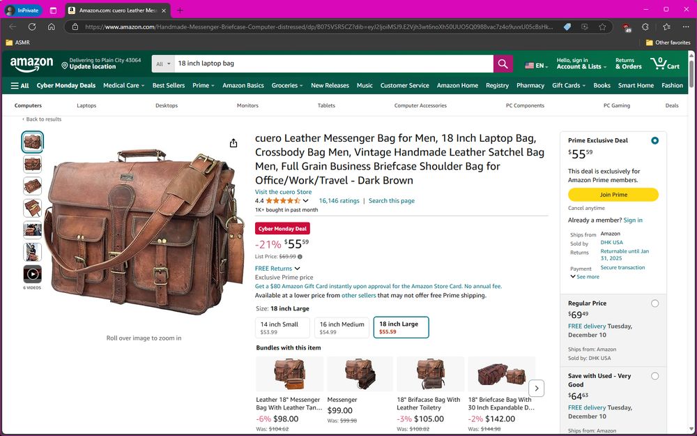 A laptop bag listed as a Cyber Monday Deal but as "Prime Exclusive". Note the "Join Prime" button instead of "Add to Cart". The discount in this case is behind Prime whereas the non-Prime price is the regular price.