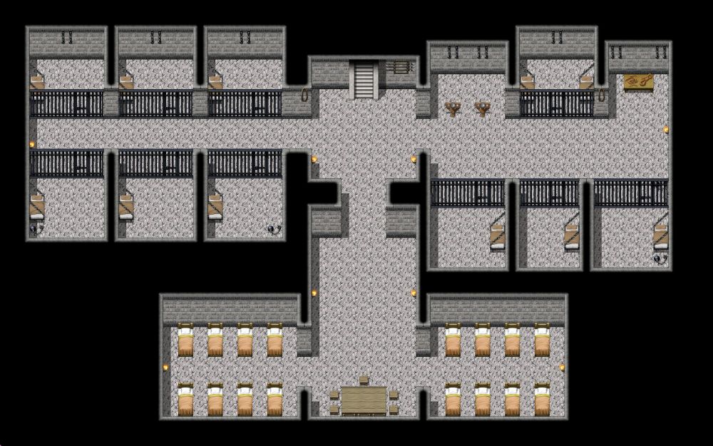 The basement floor consisting of 6 prison cells on the left, 4 more on the right with chains and two pillories, and 16 beds on the bottom for guards to sleep.